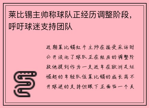 莱比锡主帅称球队正经历调整阶段，呼吁球迷支持团队