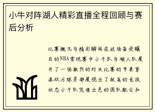 小牛对阵湖人精彩直播全程回顾与赛后分析