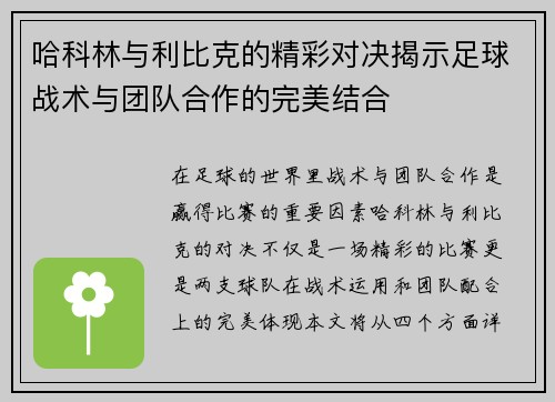哈科林与利比克的精彩对决揭示足球战术与团队合作的完美结合